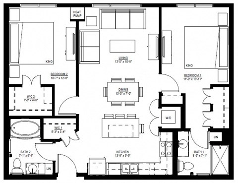 Floor plan for 2 beds, 2 baths, 1032 sqft